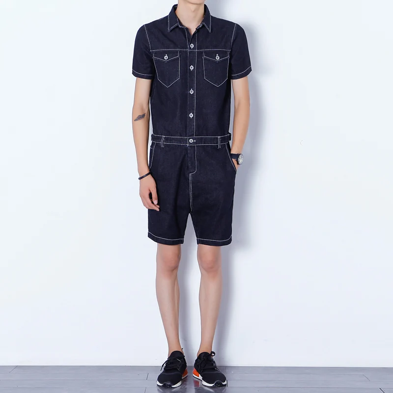 Mens Jumpsuit Denim Overalls Short Sleeves Men Baggy Cargo Pants with
