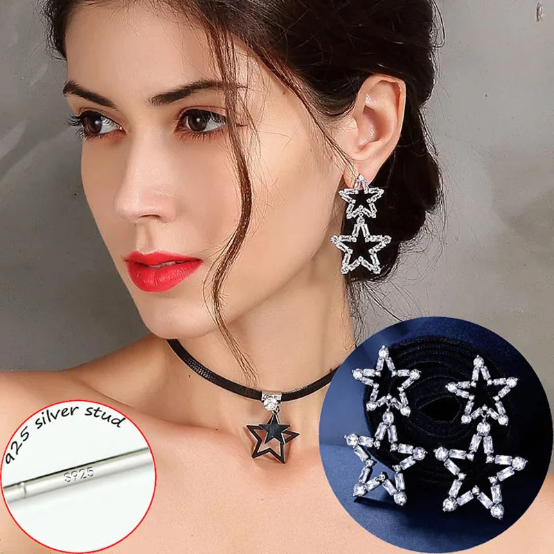 

SINLEERY Chic Shining Crystal Double Hollow Star Big Drop Earrings Hanging Silver Color Women Fashion Wedding Jewelry ES282 SSG