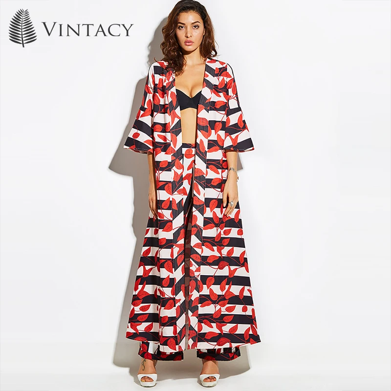 Image Vintacy 2017 vacation women red Summer trench coats Floral trench coat trench women coats office outwear Loose tops Flare Sleeve