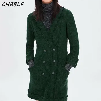 

CHBBLF women green tweed V neck tassels dress pockets long sleeve casual chic winter thick warm vestidos mujer BGB8635