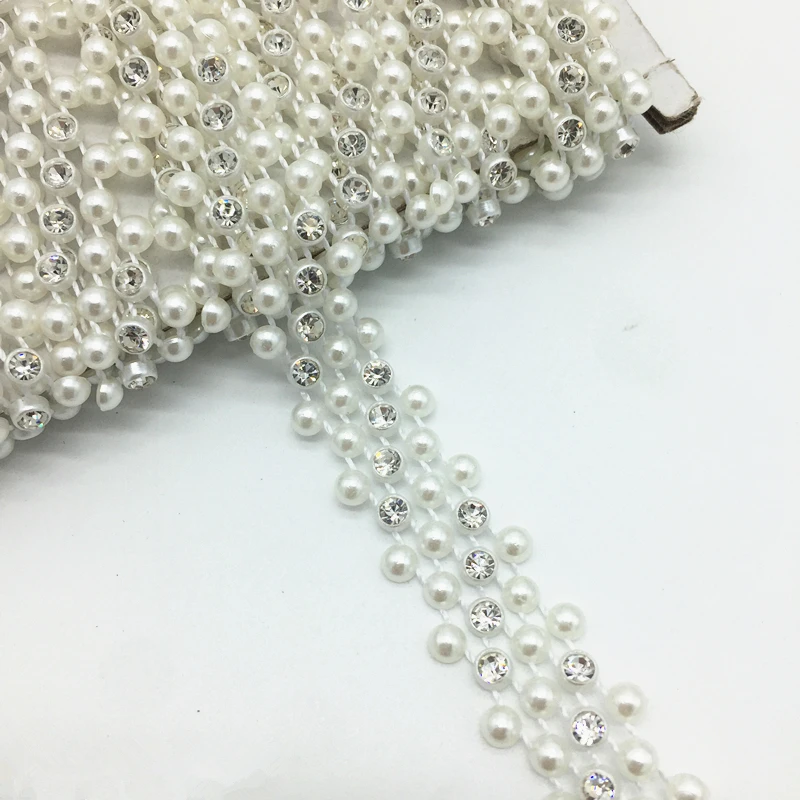 

1 Yards 14mm 3 Rows Rhinestone Chain Pearl Crystal Chain Sew On Trims Wedding Dress Costume Applique #ZuL22