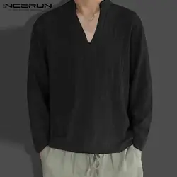 Новые 2019 летние Для мужчин рубашки Свободная рубашка блузка с v-образным вырезом и длинным рукавом Китайский Стиль мужской мягкая удобная
