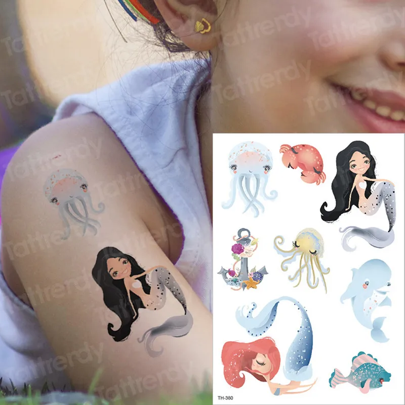Временная татуировка детские наклейки татуировка в виде русалки морской Кит переводная татуировка для детей татуировки животные рыба Единорог тату Русалка