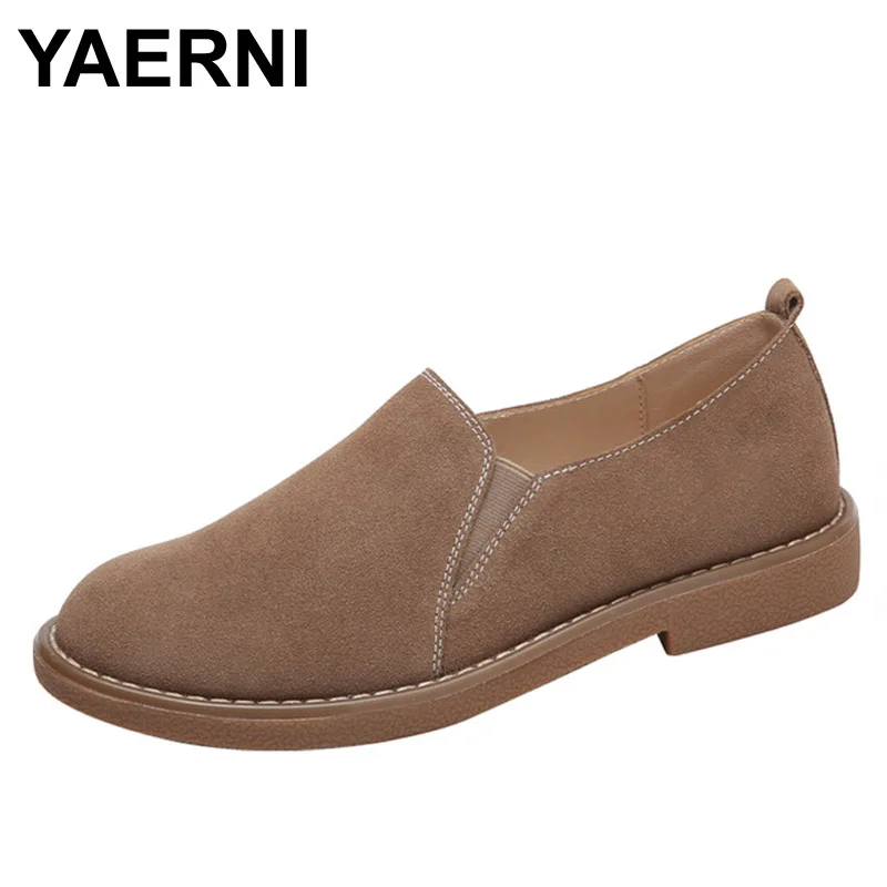 

YAERNI Slip-Ons Shoes Women casual Leather Shoes Round Toe Spring Autumn Solid Flat Black Brown Khaki Moccasins