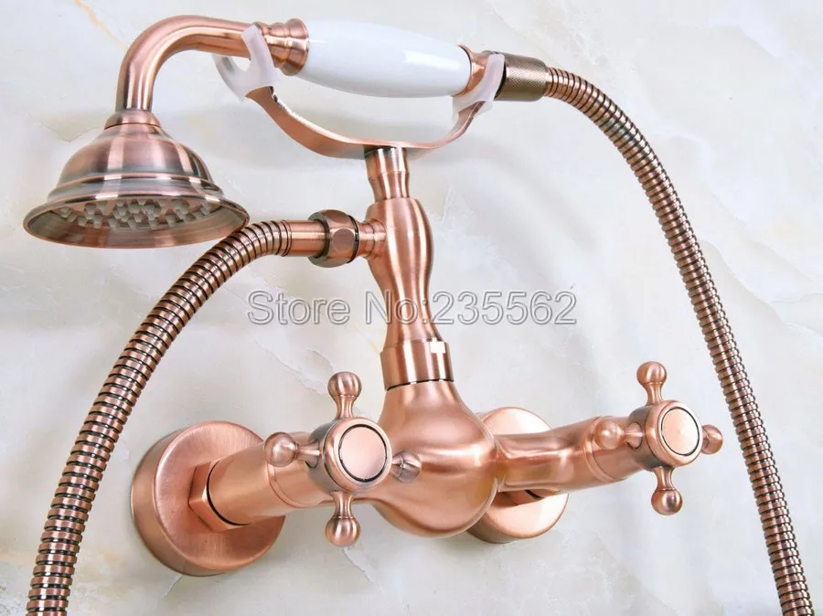 

Antique Red Copper Bathtub Faucet with Handheld Shower Mixer Tap Wall Mounted lna335