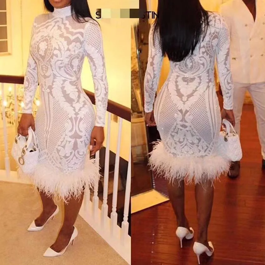 

wholesale 2018 New dress White long-sleeved Sequins feather Fashion celebrity Leisure Cocktail party dress (H2100)