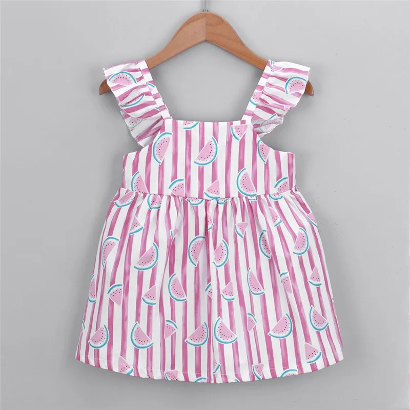 Платье для новорожденных девочек; летняя одежда; платья принцессы без рукавов в полоску с фруктовым принтом и бантом; vestidos roupas infantis menina - Цвет: Розовый