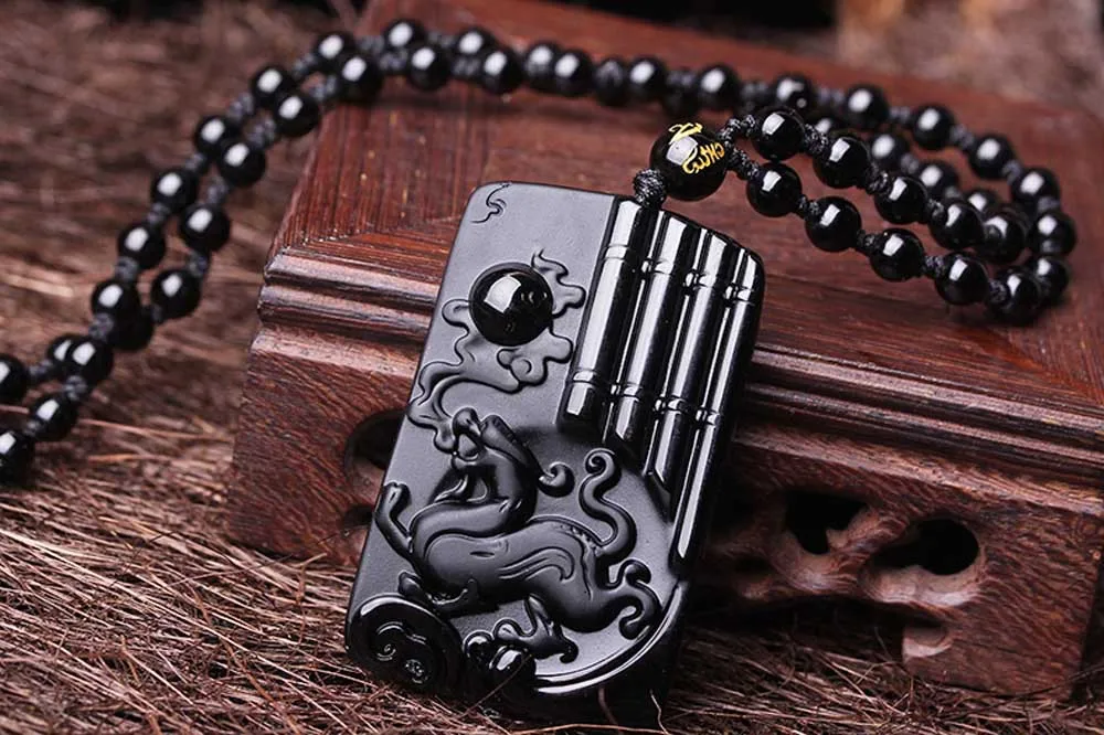 Дропшиппинг Китайский резной дракон из обсидиана кулон натуральный черный обсидиан античный Дракон Амулет ожерелье для мужчин ювелирные изделия