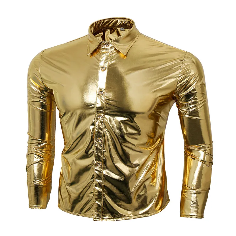 Тенденции моды ночной клуб одежда Для мужчин Slim Fit металлик Блестящий рубашка Для мужчин s Горячая вечерние рубашки с длинным рукавом