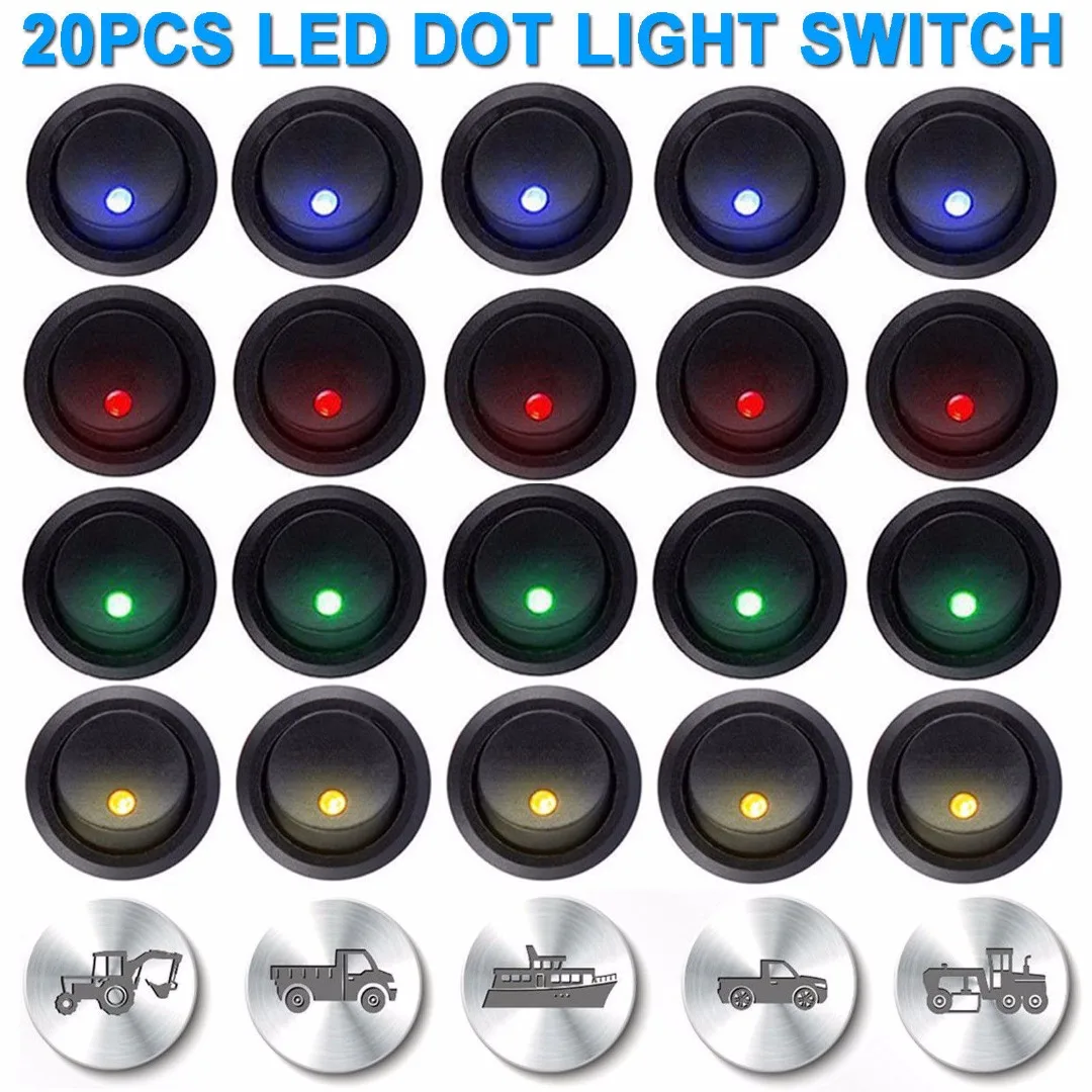 20Pcs Pushbutton Switch ON/OFF Round Rocker Switch LED Illuminated Car Dashboard Dash Boat Van 12V Waterproof Cap