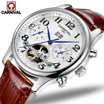 

CARNIVAL Mens Watches Top Luxury Brand Automatic Mechanical Watch Men Tourbillon Waterproof Watches Leather Male Wristwatches