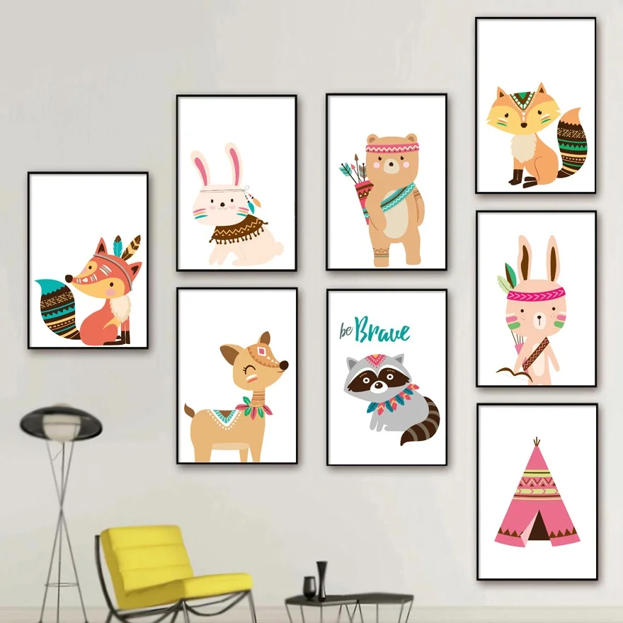Raccoon Rabbit Fox Deer Bear Tent Wall Art Canvas Painting Nordic Posters And Prints Kids Nursery Pictures Wall Paintings Raccoon Rabbit Fox Deer Bear Tent Wall Art Canvas Painting Nordic Posters And Prints Kids Nursery Pictures Wall Paintings