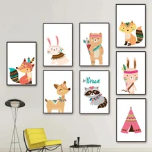 Raccoon Rabbit Fox Deer Bear Tent Wall Art Canvas Painting Nordic Posters And Prints Kids Nursery Pictures Wall Paintings