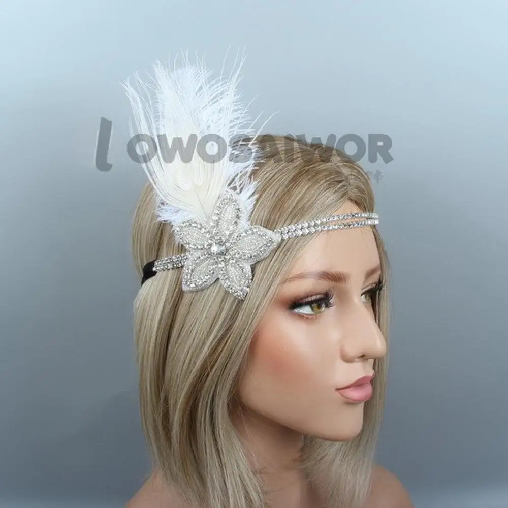 

New Arrival 1920's Gatsby Flapper Headpiece Crystal Bride Headpiece Ivory Feather Headband Bridal Crown HS10274