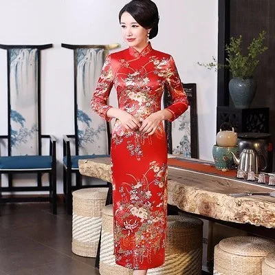 SHENG COCO китайское традиционное платье Cheongsam Qipao с длинным рукавом женское темно-синее длинное вечернее Ципао Drees размера плюс 6XL - Цвет: Red