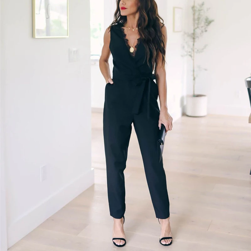 Preise Mode Spitze Frauen Overall Mit Gürtel Ärmellose 2019 Sommer Neue Casual V ausschnitt Solide Frauen Schwarz Overalls Mode Weibliche Hosen