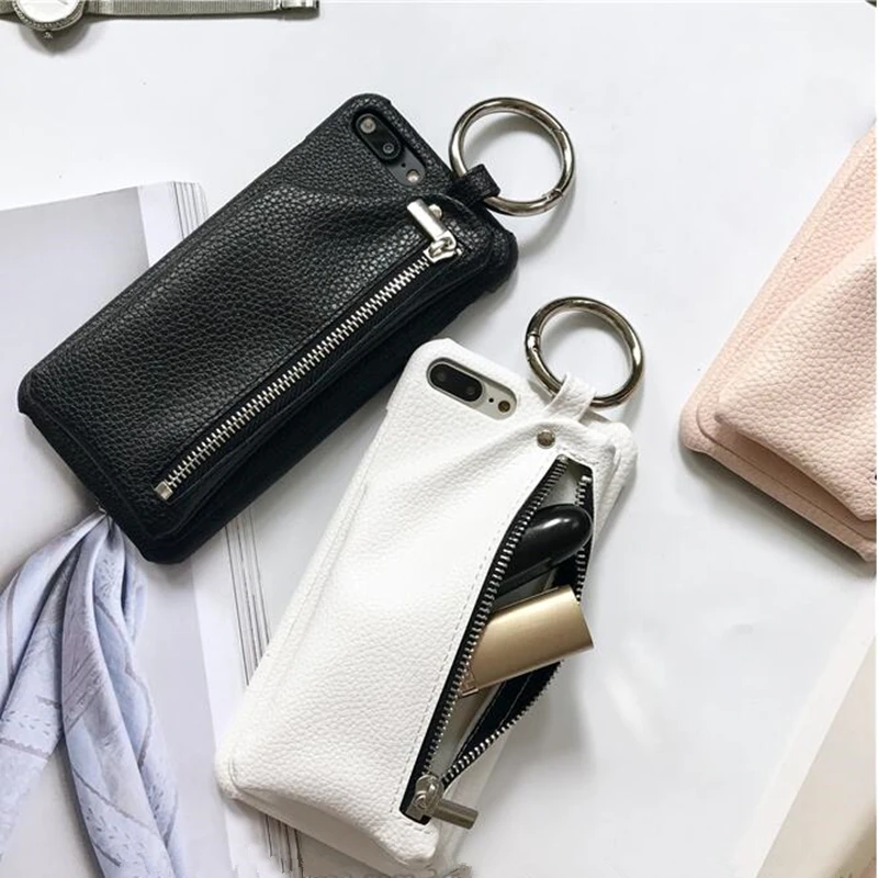 

Couples Case for iPhone 7 Case Luxury PU Leather Wallet Zipper Handbag Stand Case For iPhone XS 6 6S 7 8 Plus With Ring and Card