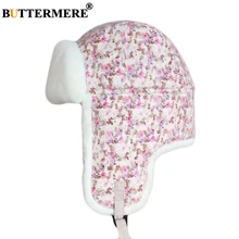 BUTTERMERE ורוד מפציץ כובעי נקבה פרחוני כותנה פרווה כובע נשים חורף Ushanka הרוסי חיצוני גבירותיי עבה אוזני כלב טייס כובע(China)