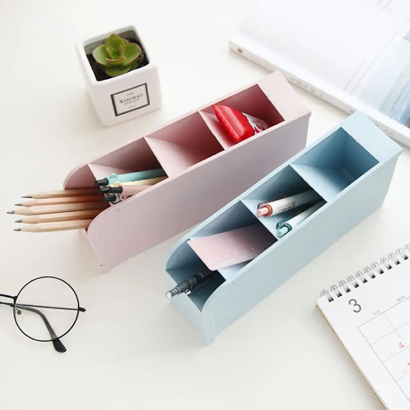 

MIRUI Multi-function 4 Grid Desktop Pen Holder Office School Storage Case eco-friendly wheat straw Desk Pen Pencil Organizer
