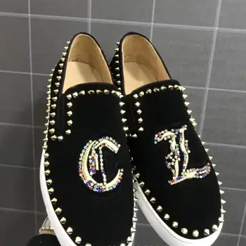 

Slip On Leather Red Bottom Low Cut Sneaker Men Shoes Embroidery Rhinestone Circle Rivets Casual Footwear Flat Loafers