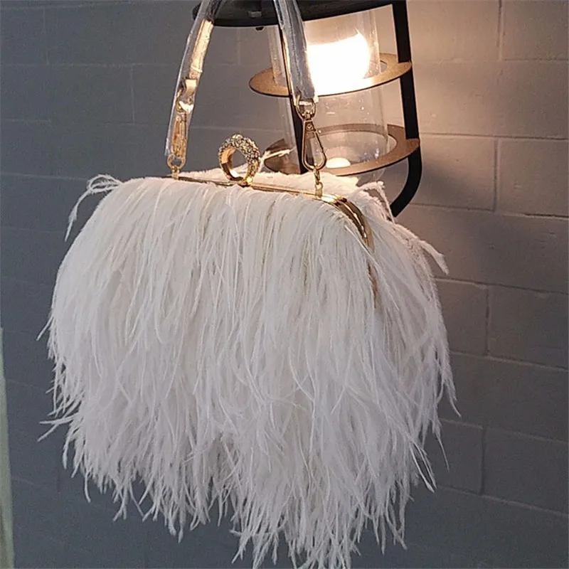 

2018 real ostrich hair women's evening bag fashion small chain bag feather party bag