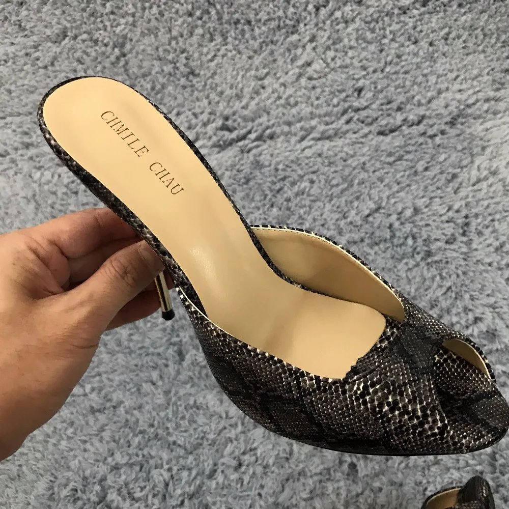 CHMILE CHAU/пикантная вечерняя Обувь из змеиной кожи; женские шлепанцы на высоком каблуке-шпильке с открытым носком; большие размеры 10; zapatos mujer; 3845-FA9