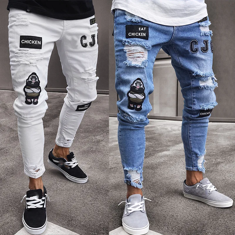 TJWLKJ хип-хоп мужские эластичные рваные обтягивающие джинсы с вышивкой и принтом рваные узкие джинсы с заклепками, поцарапанные джинсы высокого качества