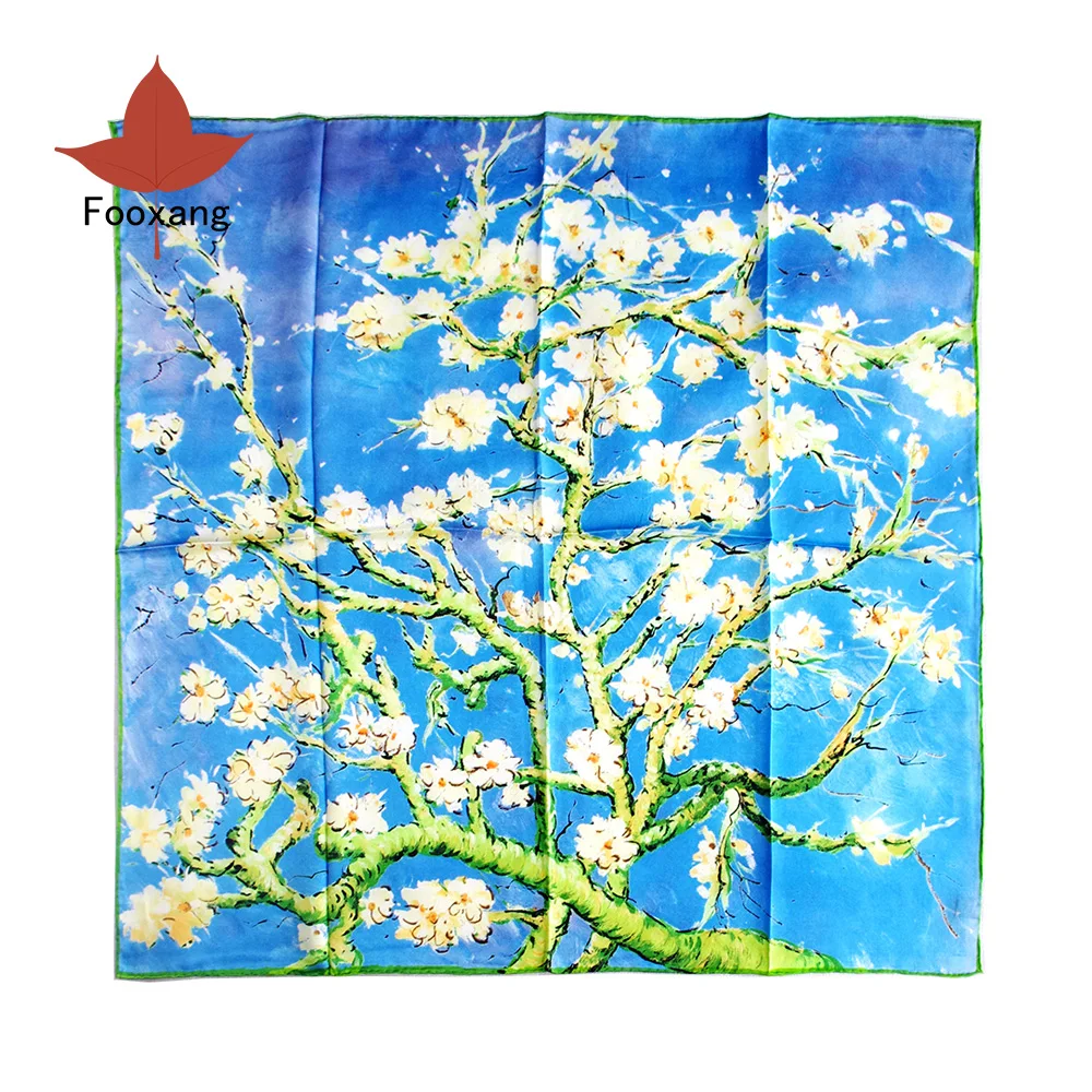 Women's 100% Luxury Charmeuse Satin Silk Scarf of Famous Oil Paintings Van Gogh's Painted Scarfs Almond Blossom | Аксессуары для