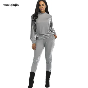

2017 new Women Two Piece Set Female Winter Velvet Tops + Pants, Long Sleeve Outfit Femme Sporting Suits 4 color R726#