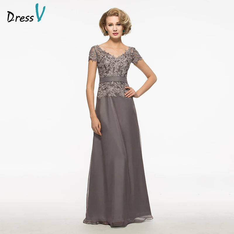 Dressv Gray Long Mother Of The Bride Dress A Line Short Sleeves V Neck