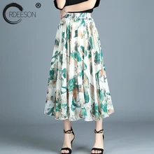 ORDEESON Новая мода лето девушки Высокая Талия шифон Винтаж Тонкий цветочный Миди-юбки элегантный Повседневное черные женские Костюмы