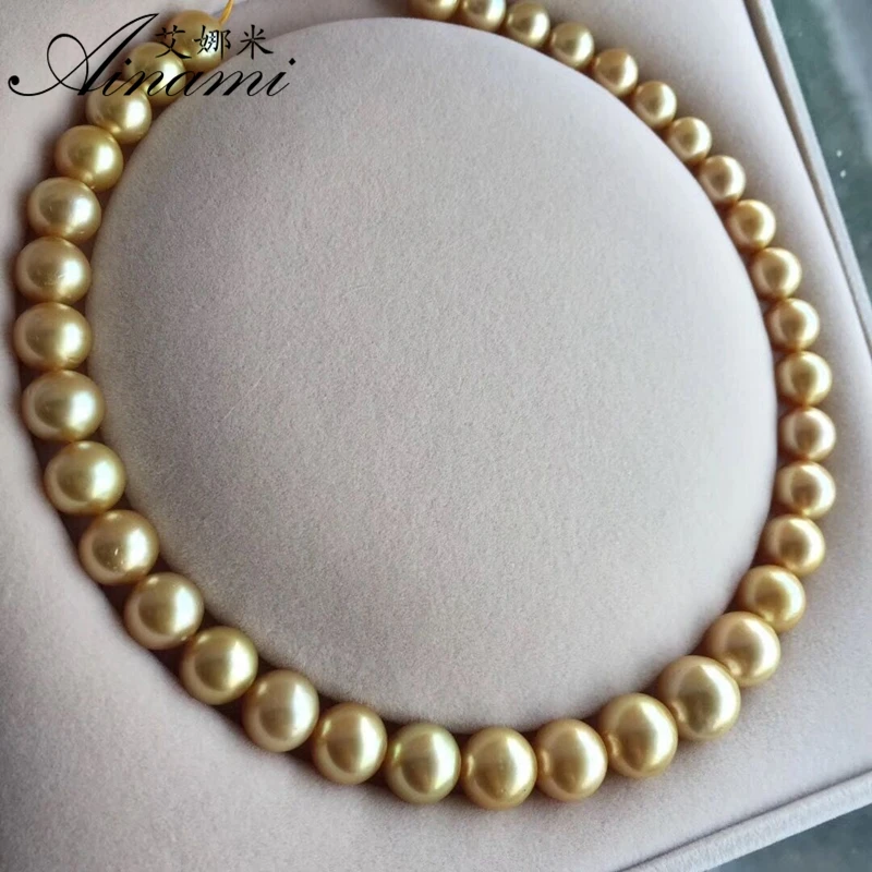 [Ainami] high-grade 10-14mm big Natural round south sea gold pearl necklace, SouthSea Pearl necklace for wife birthday gift