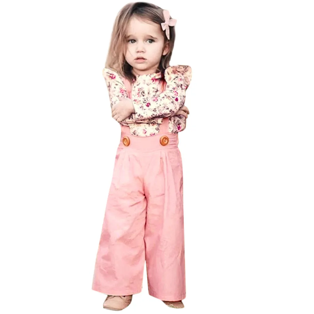 

Toddler Baby Girls Clothes Set Long Sleeve Floral Tops+Solid Overalls Pants 2Pcs Children Kids Girl Clothing Set Outfits 1080