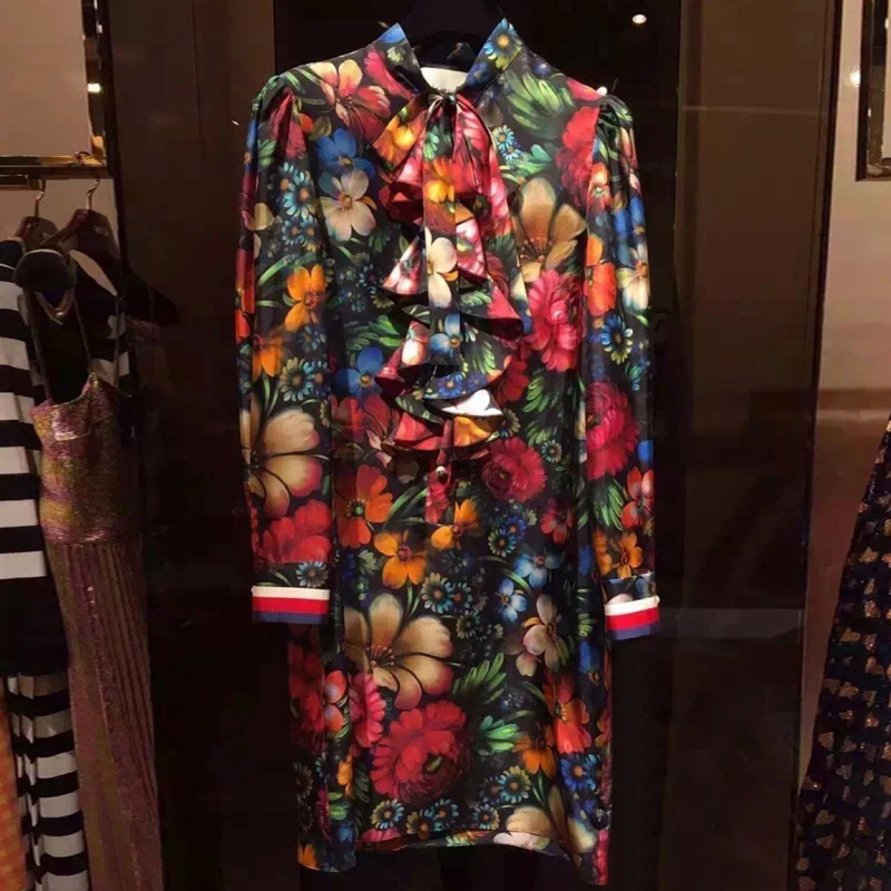 

2019 Summer Vintage Women Red Dress Runway Designer Long Sleeve Floral Printed Female Party Dress Lady European Clothes