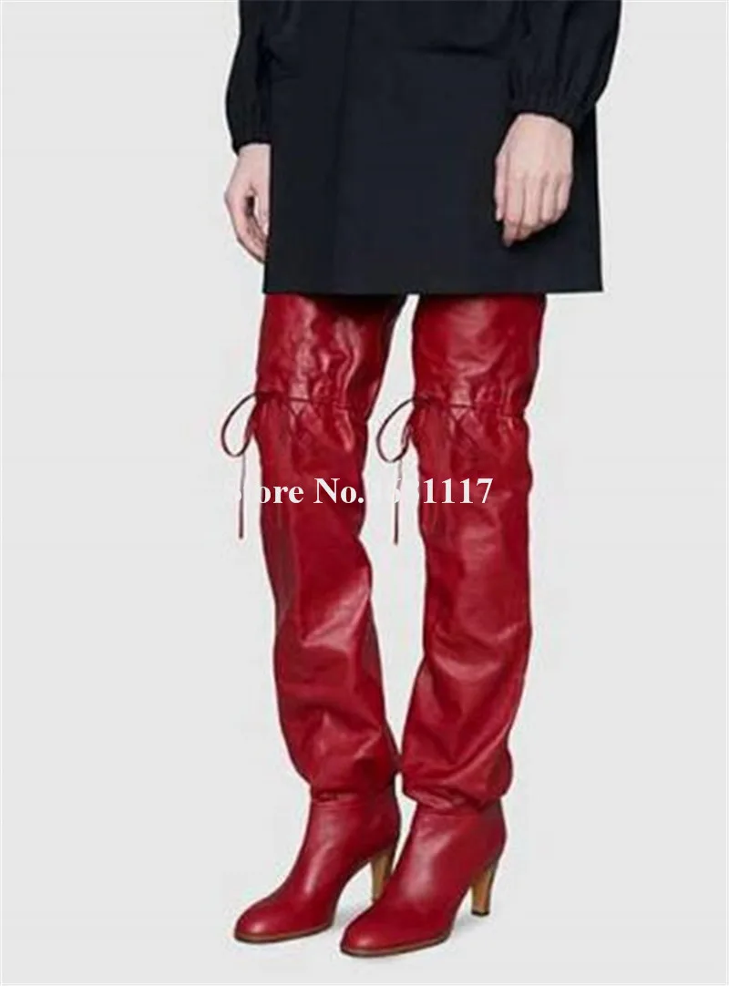 as De Superior Del alto Encaje Rojo Cuero Redondo Dedo La Marca Las Picture Rodilla Mujeres Pie Picture Diseño As Botas Tacón Grueso Sobre 5WTUq1wF0