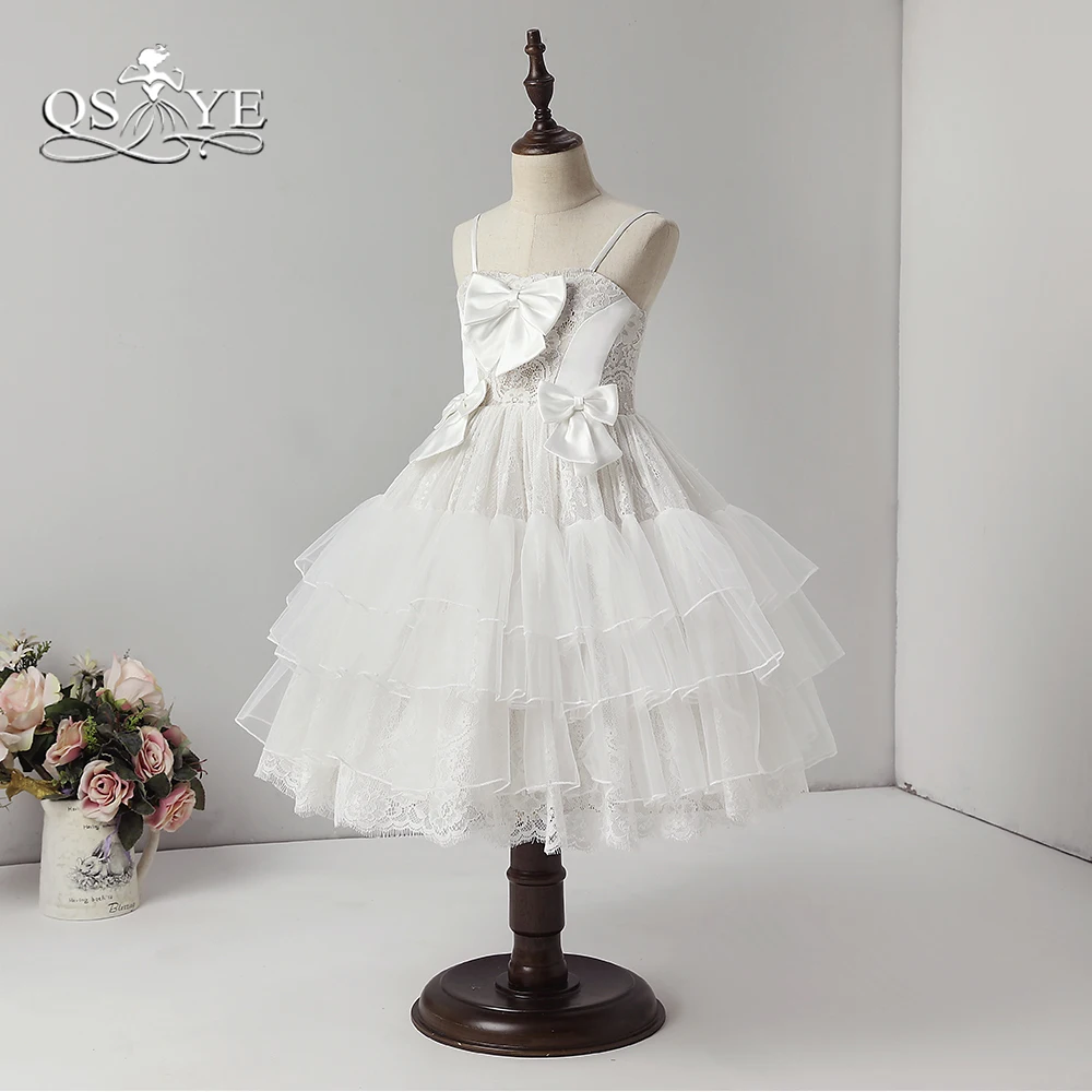 Qsyye белый Кружевные Платья с цветочным узором для девочек бальное платье по колено Тюль спагетти stras плиссированная юбка Обувь для девочек