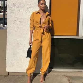 

Deep V Neck Women Jumpsiuit New Spring Long Sleeve Slim Solid Casual Jumpsuit for Party Female High Waist Yellow Green Clubwear