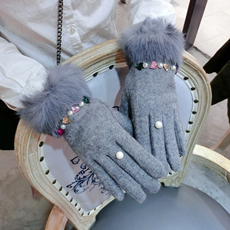 Брендовые роскошные женские зимние шерстяные перчатки красочный хрустальный Кролик Мех элегантные меховые женские перчатки митенки кашемировые перчатки Luva