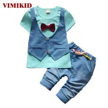 VIMIKID/весенне-летние хлопковые комплекты одежды для маленьких мальчиков Детский жилет имитация двух курток топы+ шорты, детские официальные костюмы, k2