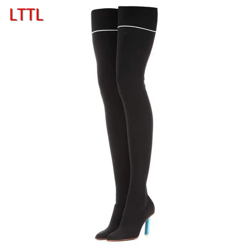 

Fashion Stocking Thigh High Boots Lighter Boots Stretch Fabric Over The Knee Booties Individual Runway Botas Mujer