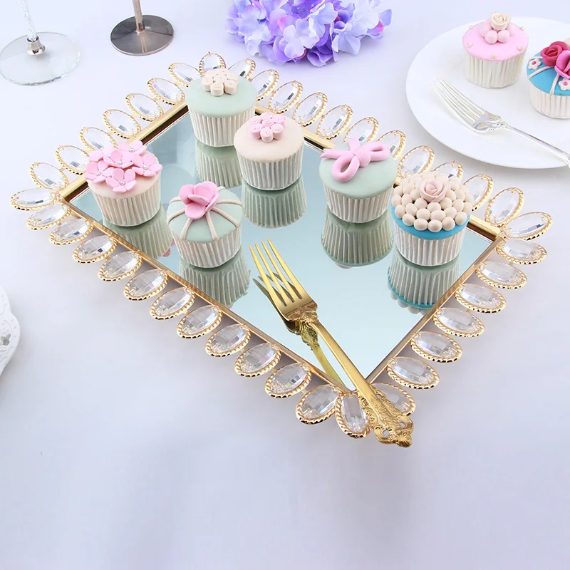 

European Plate With Silver and Gold Cake Disc Crystal Glass Tray Rectangle Household Tea Tray The Dishes