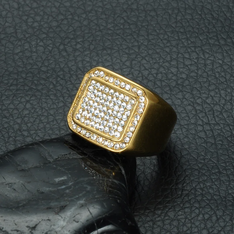 

HIP Hop Iced Out Bling Micro Pave Rhinestone Square Ring IP Gold Filled Titanium Stainless Steel Rings for Men Jewelry