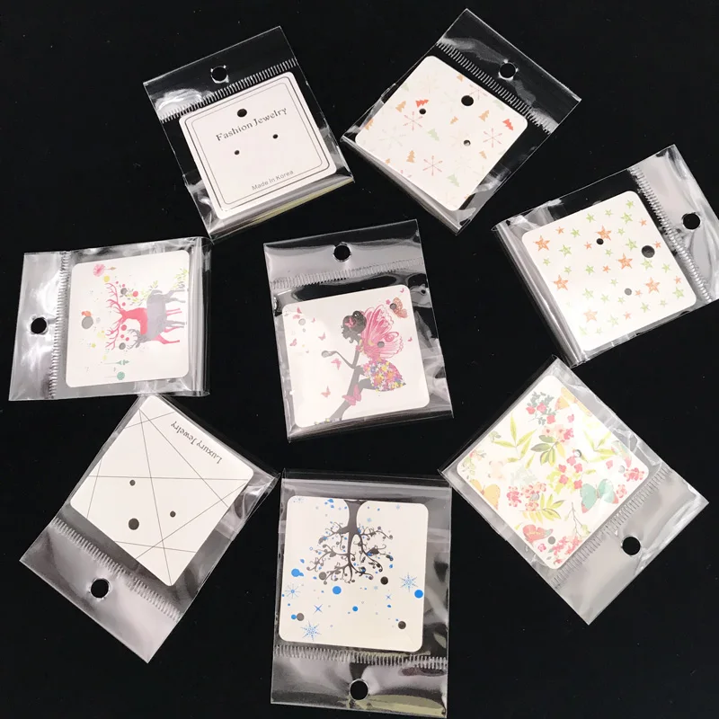 

New Design Necklace Earring Display Card + Self Adhesive Plastic Bags 5x5cm Paper Colorful Printing Jewelry Packaging Card Tags