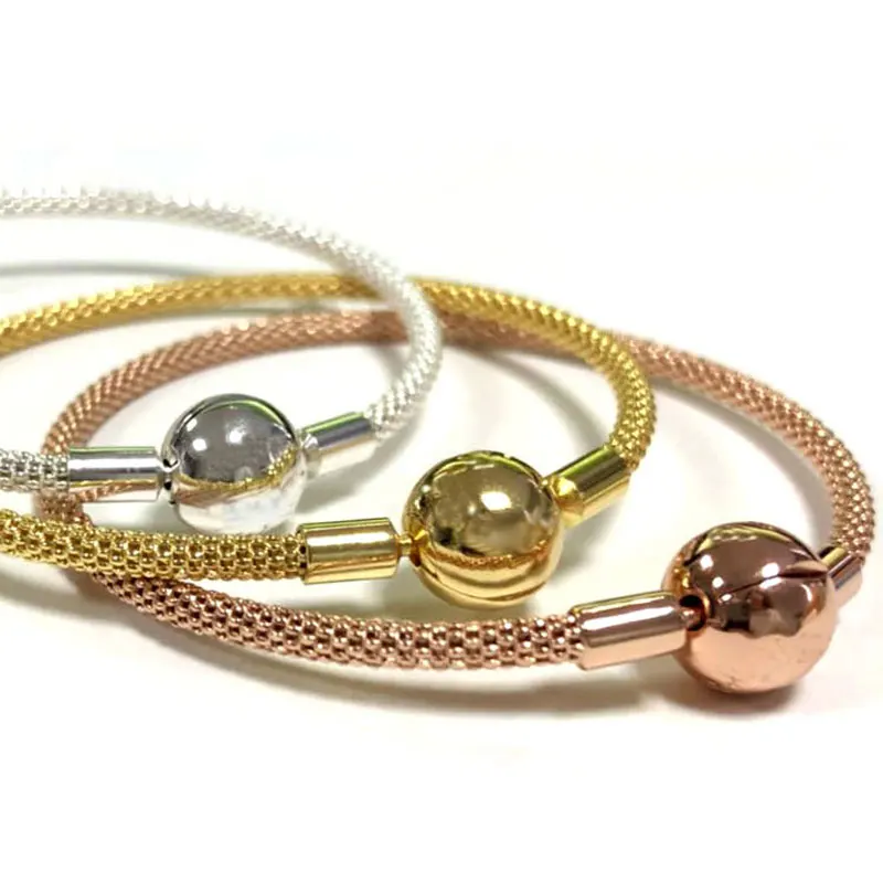 

New Rose Gold & Silver Snake Chain Ball Clasp Mesh Bracelet Fit Women Bead Charm DIY Pandora Jewelry 925 Sterling Silver Bangle