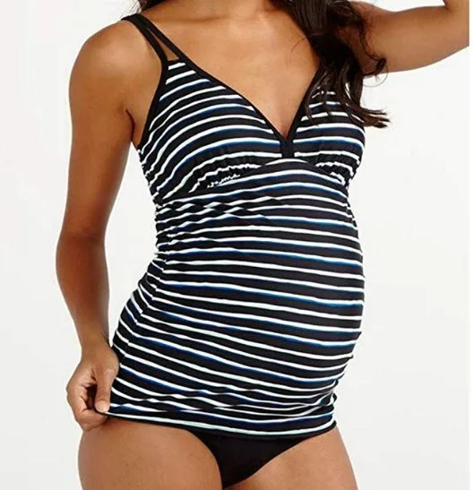 

2019 Summer New Pregnant Women Black White Striped Tankinis Set Bikini Swimwear Simple Casual Beach Swimwear Suit For Maternity