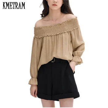 

t shirts women 2019 summer korean style off the shoulder tops for women Lantern sleeve t-shirt camiseta mujer KMETRAM HH0001