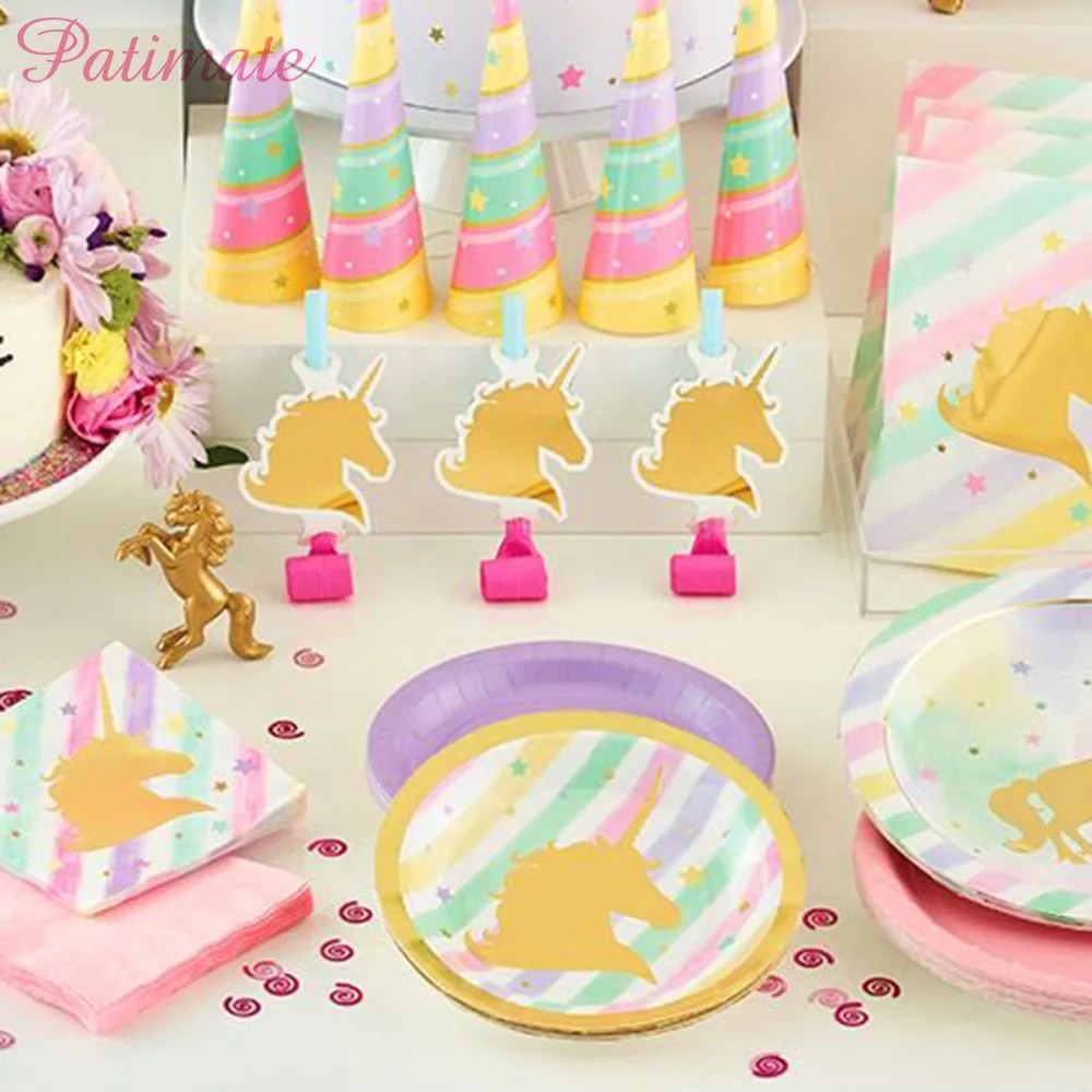 PATIMATE Unicorn Party Paper Plates Cups Napkins Birthday Party