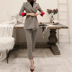 Официальные костюмы для женщин повседневные офисные деловые костюмы брюки наборы Униформа элегантные клетчатые брюки костюм леди 2 шт
