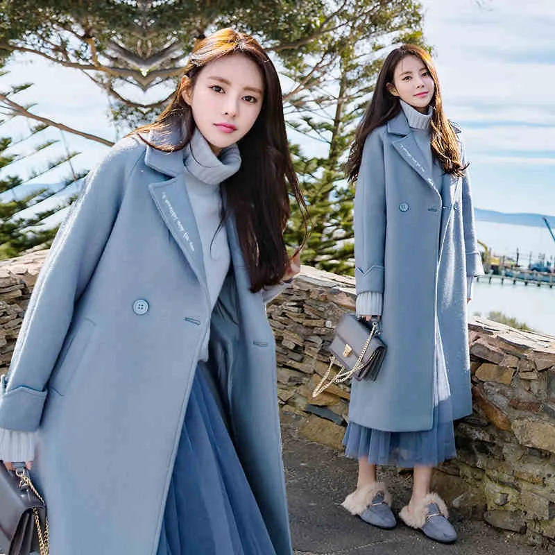 

Preppy Style Slim Women Long Winter Wool Blend Coat Turn-down Collar Wool Coat and Jacket Double Breasted Outerwear