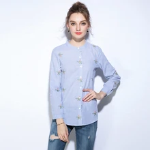2017 New Spring Autumn Women Blouse Flower Embroidery Long Sleeve Work Shirts 5xlWomen office Tops Striped blouse for business